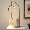 Brightech Nova Modern Table Lamp - Contemporary Arc Desk Lamp with 2-Circle Ring-Style Pendant - Alexa Compatible Nightstand Beside The Couch Lamp with Arching Pole Matches Living Room Dcor - Brass (Warm White Light with Brass Frame)