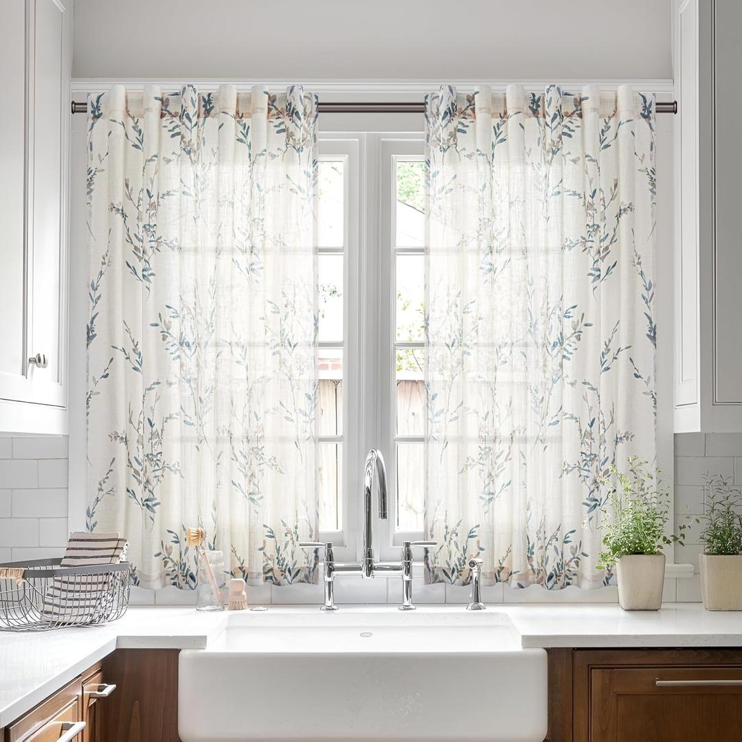 MYSKY HOME Linen Sheer Window Floral Curtains Panels Light Filtering Privacy Protect Drapes Set Farmhouse Style Texture Soft Touch Treatment Kitchen Bedroom Bathroom, 50" x 54", Navy Blue, 2 Panels