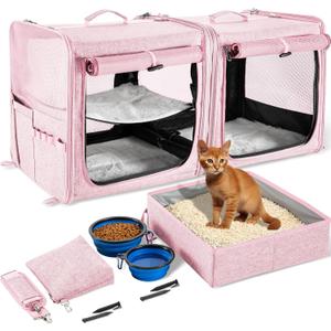 Large Cat Carrier for 2 Cats with Zipper Locks, Double Cat Carrier with Travel Litter Box, Soft Pet Travel Carrier for Cats and Small Dogs Up to 45 Lbs, Pink