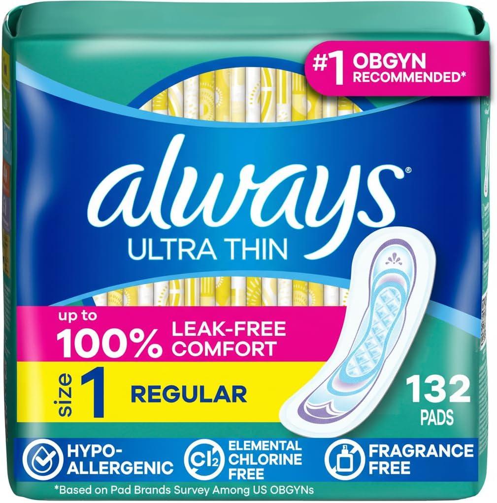 Always Ultra Thin Feminine Pads Without Wings for Women, Size 1, Regular Absorbency, Unscented, Up to 100% Leak-Free Protection, 44 Count x 3, 132 Count Total