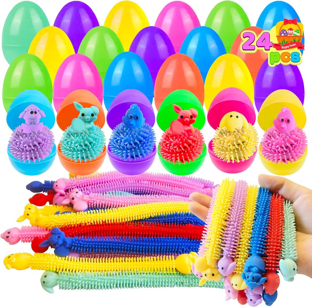 24 Pack Prefilled Easter Eggs with Bunny Stretchy Strings Sensory Fidget Toys Inside Great for Kids Aduts Toddlers Easter Basket Stuffers Party Favors Egg Fillers Gifts