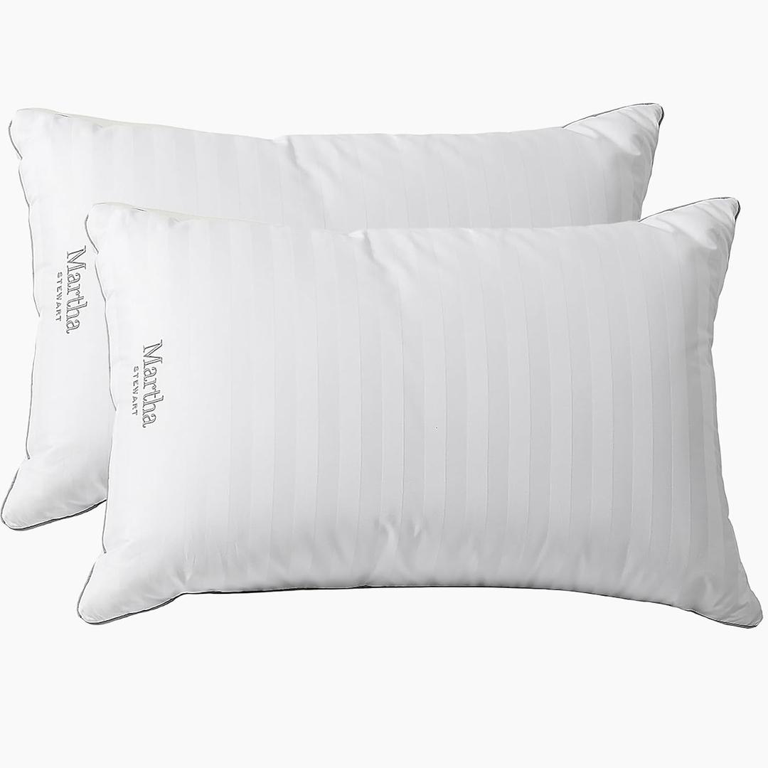 Martha Stewart Medium Soft Feather Down 100% Cotton 500 Thread Count Damask Stripe Embroidered Queen Size Set of 2 (White)
