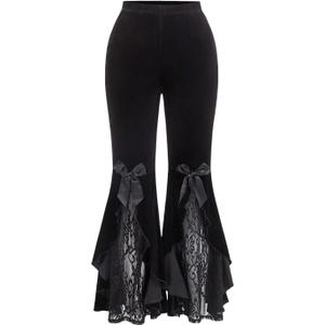 WDIRARA Women's Plus Size Velvet Lace Flared Pants High Waist Bell Bottoms Rave Trousers (XL)
