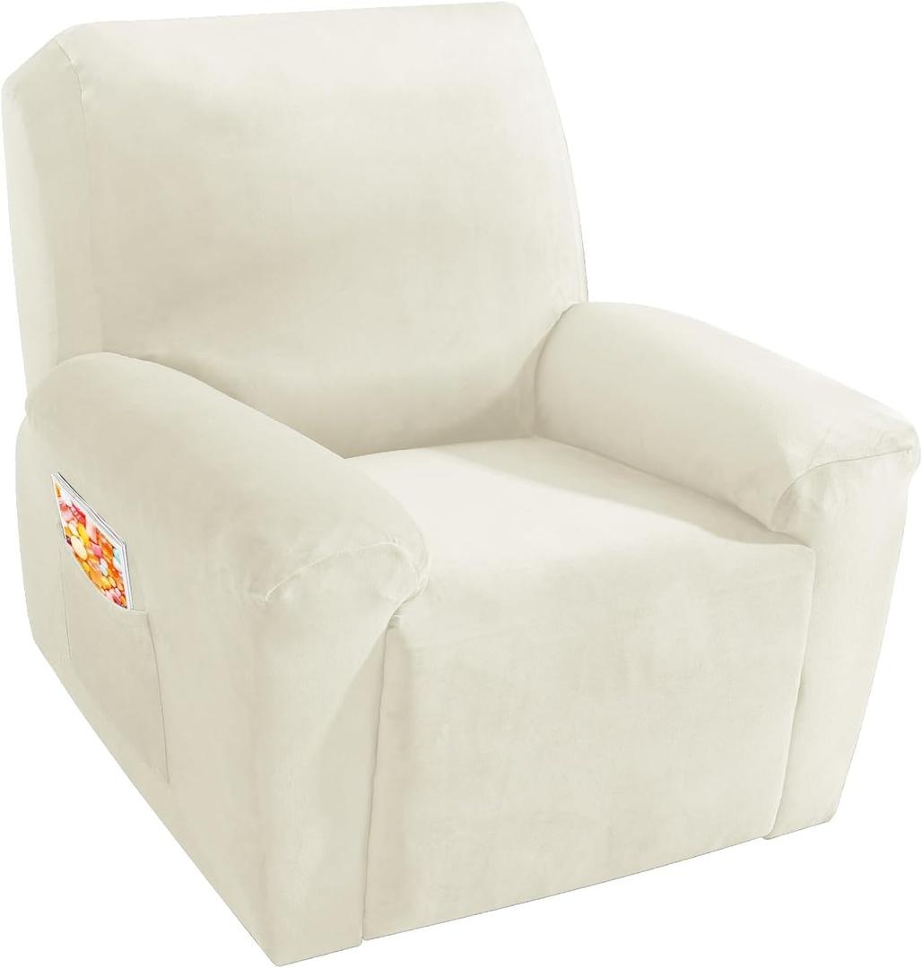 MAXIJIN Velvet 4 Piece Recliner Cover Stretch Plush Soft Cover for Recliner Chair Thick Soft Recliner Chair Slipcover Separate Chair Cover for Recliner with Side Pocket (Beige)