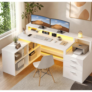DWVO 79" Grey U-Shaped Computer Desk with Drawers & Charging Station ADAPTABLE OFFICE LAYOUT: The reversible setup, monitor stand and storage shelves create a spacious and organized workstation