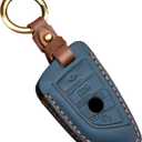 OLLEN Genuine Leather No Screws Key Fob Cover Fit for BMW 5 6 7 Series X1 X2 X3 X5 X6 GT Series etc, Blade Shape, Teal Blue