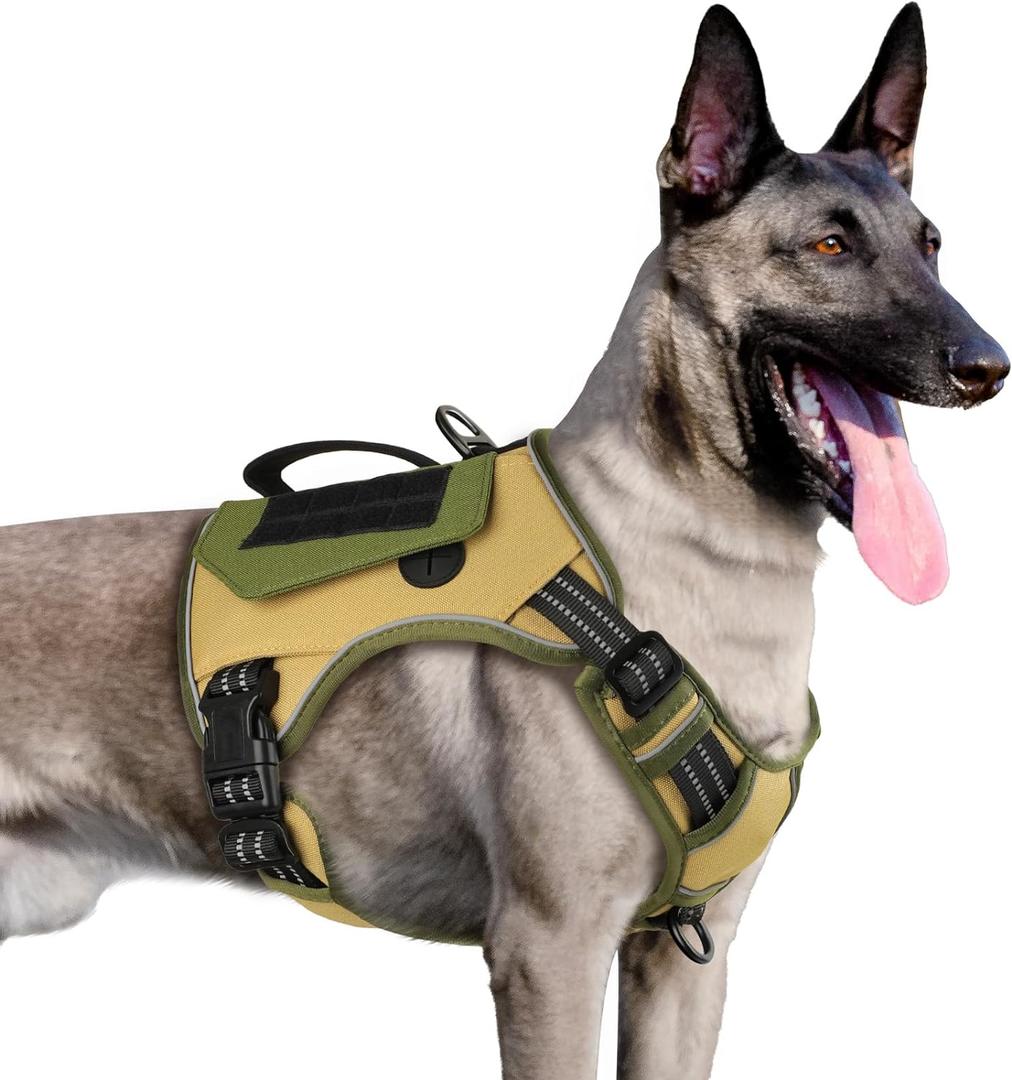 WINGOIN Tactical Dog Harness for Small Dogs, No Pull Harness with Handle 2 Pockets Poop Bag, Reflective Dog Vest, Military Service Heavy Duty Big Dog Harness for Walking Hiking Training (Khaki, S) (Khaqi&Green)
