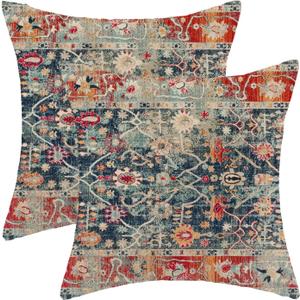 Boho Pillow Covers 20x20 Inch Set of 2,Navy Blue Burnt Orange Ethnic Design Throw Pillows Case,Carpet Pattern Outdoor Decorative Square Linen Farmhouse Decor Cushion Covers for Home Sofa Bed Couch