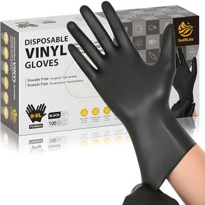 SWIFTLITE Black Vinyl Gloves, Food Grade Gloves Disposable Latex Free & Powder Free, Guantes for Cleaning Cooking Food Prep (100, Medium)