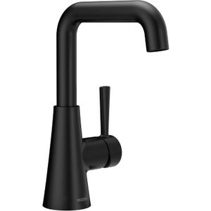 Moen Ronan Matte Black Double Bend Single Hole Modern Bathroom Sink Faucet with Optional Deckplate and Spring Loaded Drain Assembly, 84024BL