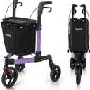 3 Wheel Walkers for Seniors, Foldable Rollator Walker with Tray & Large Storage Bag, 10" Big Wheel for All Terrain, 350 lb Weight Capacity, Purple