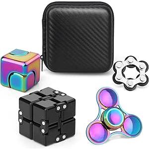 Fidget Toys Set for Adults, Sensory Pack with Fidget Chain, Infinity Cube, Fidget Spinner Cube, Magnet Rollers, Metal Rainbow Spinner, Stress Relief Desk Gadget for Office, Birthday Gift Set