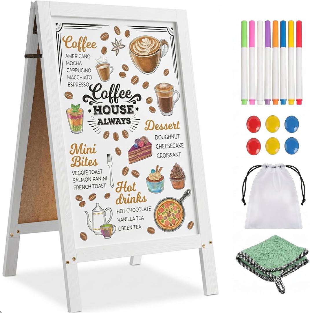 Double-Sided A-Frame Chalkboard Sign 40x20, Magnetic Sidewalk Sign with Solid Pine Wood Frame, Large Chalkboard Easel Menu Board for Restaurants, Cafes, Weddings & Outdoor Display with Accessories