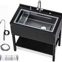 36" Freestanding Utility Sink, Heavy Duty Stainless Steel Laundry Room Sink for Garage, Outdoor Kitchen or Workshop, Modern Black Basin with Hot & Cold Water, Indoor/Outdoor Use (Black)