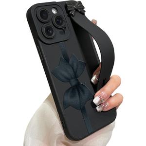 for iPhone 15 Pro Max Case with Wrist Strap Elegant Bow Ribbon Design with Adjustable Wristband Kickstand Shockproof Soft TPU Camera Protection Phone Cover for Women Girls - Black Bow