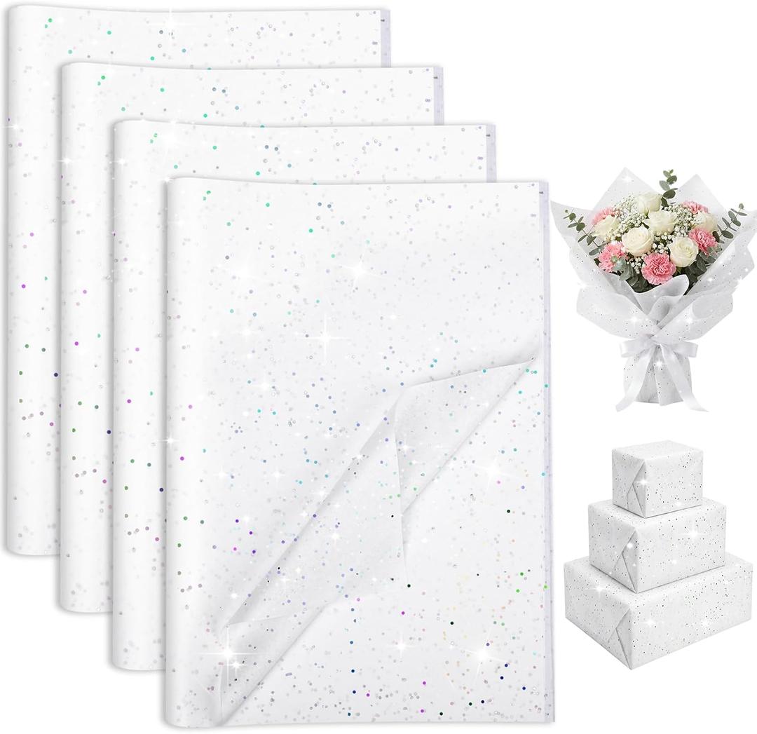 woric 135 Sheets White Tissue Paper for Gift Bags 20 x 14 Inch Glitter Tissue Paper for Birthday Baby Shower Wedding Mother's Day Decor Art DIY Crafts