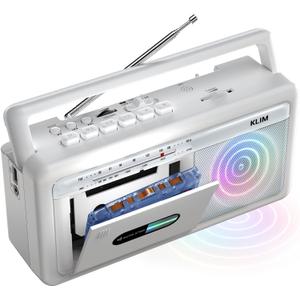KLIM Portable Cassette Player & Tape Recorder  Boombox with AM/FM Radio, USB, Bluetooth, Speaker, and Earphone Jack  Battery and AC Operated - Frost White