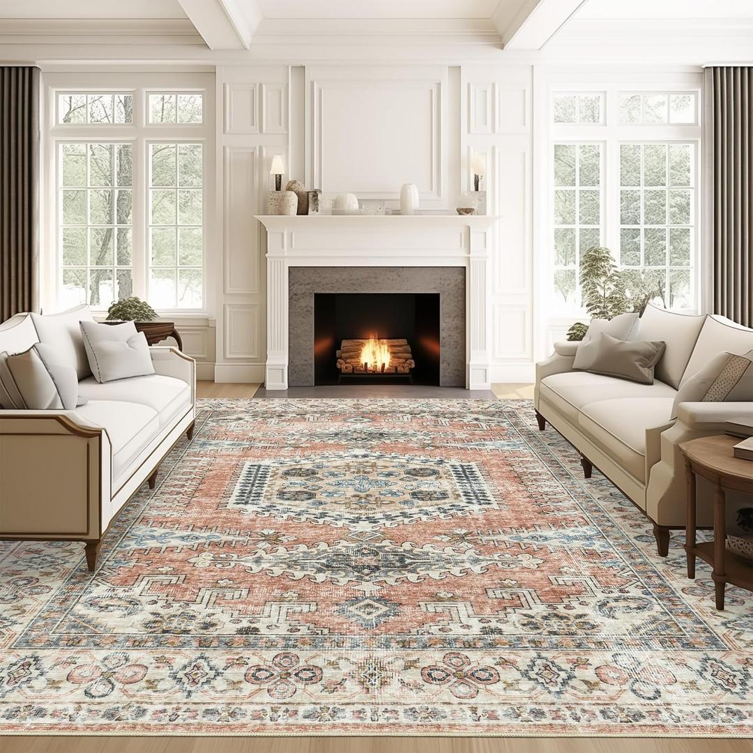 Valenrug Washable Rug 8x10 - Ultra-Thin Antique Collection Area Rug, Stain Resistant Rugs for Living Room Bedroom, Distressed Vintage Rug(Orange, 8'x10') (8' x 10' (Rectangular))