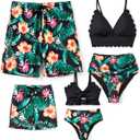 Family Matching Solid Scallop Trim Strappy Two-Piece Swimsuit and Allover Floral Print Swim Trunks Shorts (2T, Hawaiian Black)