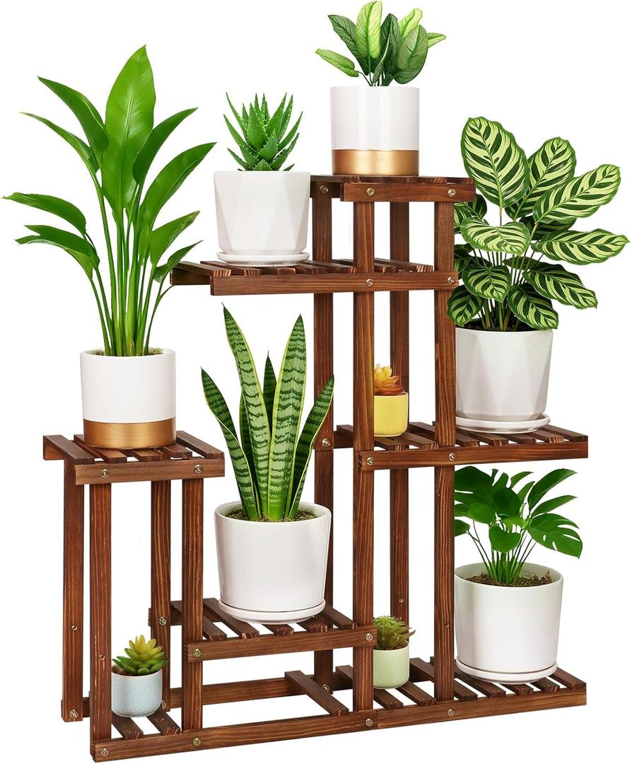 Carbonized Wood Plant Stand, 6-Tier Indoor Tiered Plant Shelves, Space-Saving Narrow Wood Plant Rack for Multiple Plants, Sturdy Flower Stand for Living Room/Balcony/Garden/Outdoor, Easy Assembly