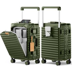 Joyway 20 Inch Carry on Luggage with Aluminium Frame and Front Pocket, PC Hardshell Suitcase with USB Port and Cup Holder, 21.5x14.2x9 Airline Approved Luggage with Spinner Wheel, TSA Lock(Dark Green)