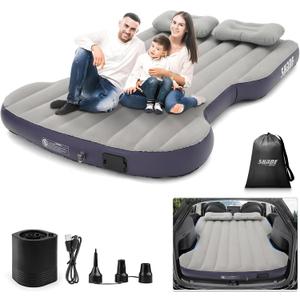 Self-Inflating Car Air Mattress Custom for Tesla Model Y 2025 2024-2020 Outdoor Camping Air Bed with 2 Pillows Built-in Pump Air Couch Mat Flocking Surface Air Cushion Model Y Accessories(Beige&Blue)