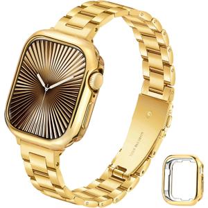 Slim Metal Band for Apple Watch Bands for Women 45mm 44mm 42mm(S3) Gold iWatch Bands with Protective Case, Stainless Steel Thin Dressy Strap for Apple Watch Band Series 9 8 SE 7 6 5 4 3-Gold