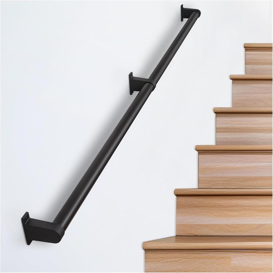 Industrial Stair Railing Metal Hand Rails for Indoor Stairs Wall Mount Staircase Handrails 1.5" Pipe Stair Handrail for Steps Black Aluminum Stairway Railing for Outdoor & Indoor Stairs 8ft