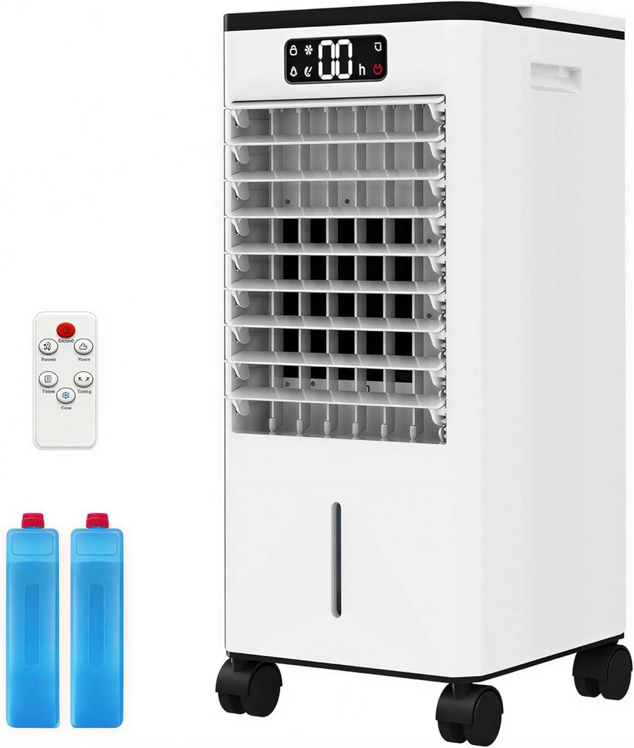 7L Evaporative Air Cooler with Remote Control, 1.84 Gal Portable Swamp Cooler for Bedroom Office, 3-IN-1Portable Air Conditioners, Auto Swing Louvers, Portable Carry Handle, 120V 65W, White