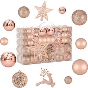 102PCS Assorted Rose Gold Christmas Ornaments,Shatterproof Plastic Christmas Ball Tree Ornaments Set for Tree Decorations