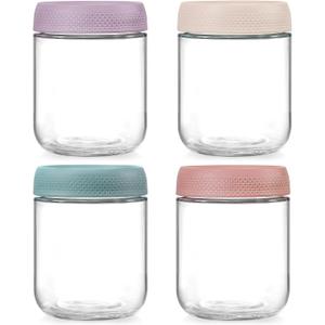 NETANY 4-pack 16oz Glass jars with Airtight Lids, Overnight Oats Containers with Lids, Wide mouth Mason Salad jars, Glass Food Storage Containers for Snacks Yogurt Spice Sugar (4 Colors)