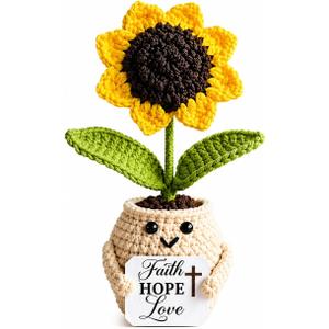 5 x Crochet Sunflower Faith Hope Love Gift, Handmade Christian Desk Decor, Inspirational Knitted Plant, Cute Small Gift for Mom Women Men, Religious Encouragement Keepsake