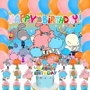 Amazing Cartoon World of Gumball Birthday Party Supplies Pack Includes Backdrop Cake Toppers Balloons for Cartoon Gumball party supplies