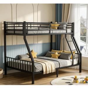 Heavy Duty Twin XL Over Queen Bunk Bed, Metal Steel Bed Frame with EVA-Padded Angled Ladder & Full-Length Guardrails, Bunk Beds Twin XL Over Queen for Teens & Adults, No Box Spring Needed, Black 
