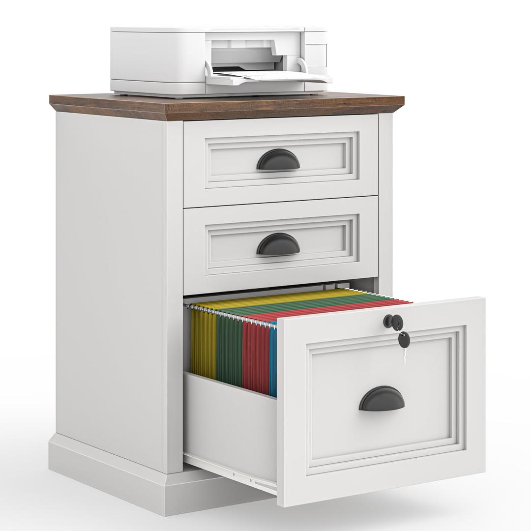 Halitaa Vertical File Cabinet, Filing Cabinet with 3 File Drawers & Lock, Farmhouse Small File Cabinet Fits Letter/A4 Size, Wooden Printer Stand, Home Office Cabinet, White