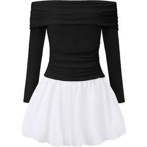 EXARUS Girls Dress Off The Shoulder Bodycon Bubble Long Sleeve Teen | Tween Homecoming Graduation Dance Formal Prom Party Cocktail New Year Stretchy Ruched Mini A-Line Dresses Kids