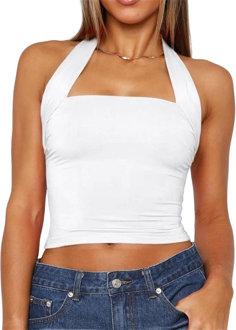ForeFair Women Halter Neck Backless Crop Top Sexy Y2K Sleeveless Tank Top Open Back Slim Fit Tops (XS, White) ForeFair Women Halter Neck Backless Crop Top Sexy Y2K Sleeveless Tank Top Open Back Slim Fit Tops (XS, White)