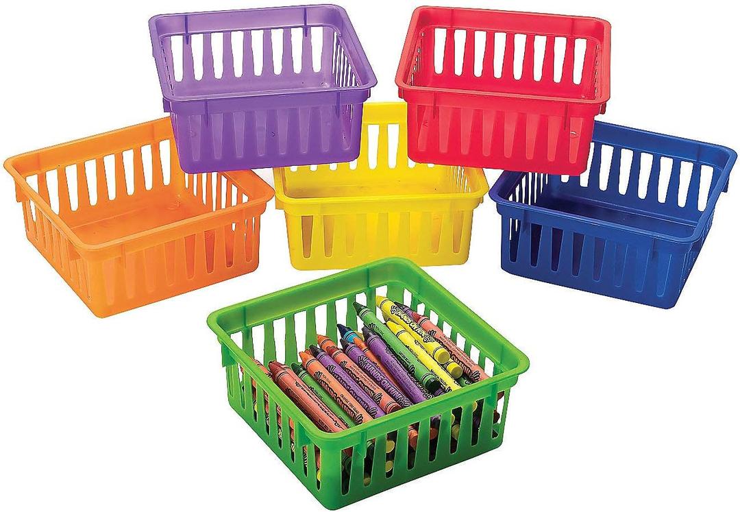 Fun Express - 6 Pack Mini Storage Baskets Bins, Plastic Organizer Basket, Colorful Shelf and Desk Make-up Storage Crate Organizing Containers. Office, Toy Storage
