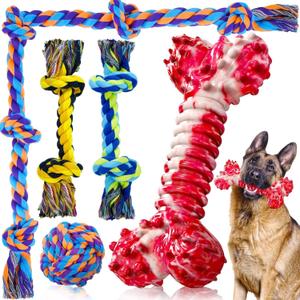 SHARLOVY Dog Chew Toys for Aggressive Chewers, 5 Pack Indestructible Dog Toys for Large Breed, Cotton Rope Toys, Tough Bone Chew for Aggressive Chewers Large Breed