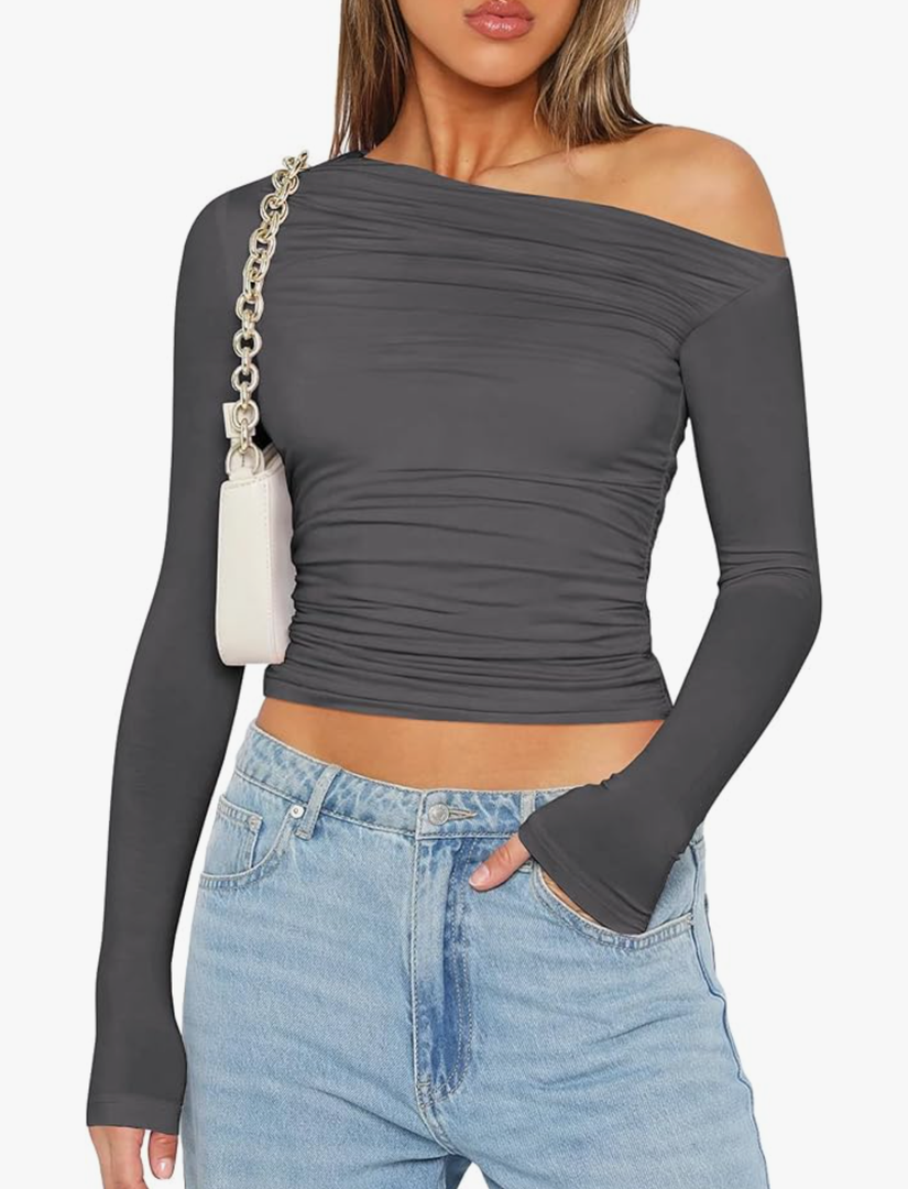 Zeagoo Womens Long Sleeve Off The Shoulder Casual Crop Tops Boat Neck Going Out Slim Fit Y2K T Shirts 2025,L