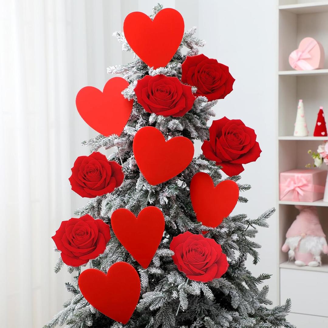 Thyle 12 Pcs Valentines Day Decorations Tree Ornaments Extra Large Red Heart Rose Picks Heart Cute Valentines Picks for Valentine's Day Tree Topper Home Vase Wedding Office Decor