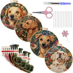 LB 4 Pack Cute Dog Flower Embroidery Kit for Beginners Funny Animal Beginner Embroidery Kit for Adults DIY Starter Kit with Embroidery Hoop Colorful Threads Tools Step by Step Video Instructions (Brown)