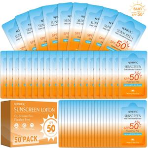 50 Pack Bulk Travel Size Sunscreen for Face and Body, SPF 50 Sunscreen Lotion, Lightweight and Non-Greasy, Mini Size for Summer Travel, Outdoor Activities, 0.19 OZ/Pack