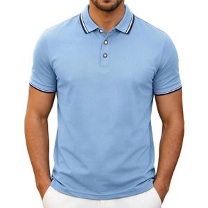 Men's Golf Polo Shirts Short Sleeve Striped Casual Polo Shirts for Men Dry Fit Tennis T-Shirt Tops (Blue, L)