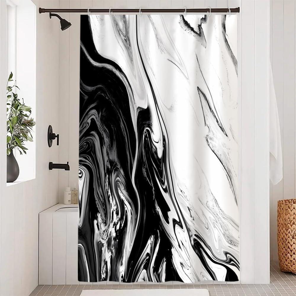 Black and White Shower Curtain, Modern Abstract Black Marble Shower Curtain for Bathroom Aesthetic Ink Texture Waterproof Shower Curtain Set with Hooks, 48x72 Inch