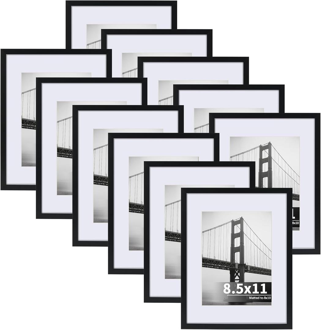 CRUGLA 8.5x11 Picture Frames Set of 11, Display Pictures 6x8 with Mat or 8.5 by 11 without Mat, Certificate Diploma Photo Wall or Tabletop Display, Black