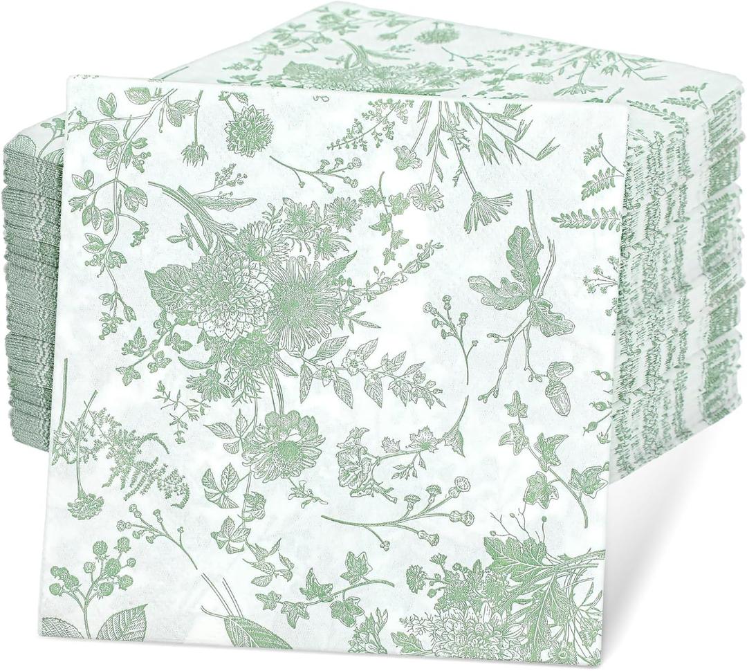 200 Pcs Green Floral Napkins, 9.8 x 9.8 Inch Disposable Sage Green Floral Paper Napkins Decorative Flower Hand Towels for Wedding, Baby Shower, Hotel, Kitchen, Bathroom