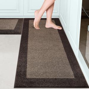 Machine Washable (24" x 36"+ 24" x 60"') Kitchen Rugs Set of 2, Non Slip Kitchen Mats for Floor, Absorbent Entrance Runner Rugs for Bedroom, Hallway, Bathroom, Door (Roll Packing) (Brown)