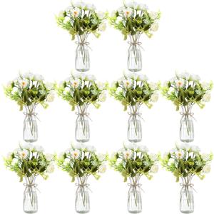 Reallnaive 30 Pack Artificial Flowers Table Centerpieces Decorations with Vase Wedding Mason Jar 20 Bundles Silk Floral Bouquet 10 Clear Vase with 1 Pcs Rope for Party Decor(Dahlia,White)
