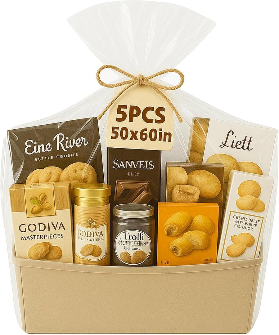 WIKDAY Extra Large Cellophane Wrap for Gift Baskets 5 PCS 50x60 Inches Jumbo Big Clear Cello Gift Bags with Ties Plastic Packaging Products